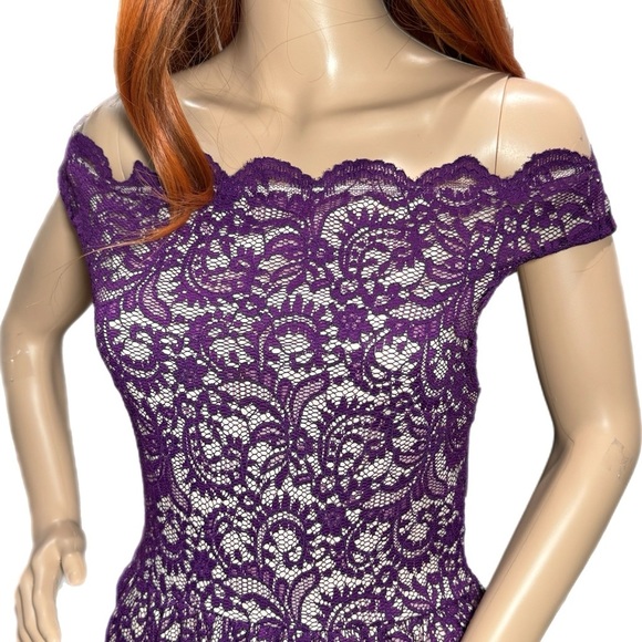 Yellow Star Womens Plum Lace Nude Maxi Off Shoulder Dress Size M USA MADE - Picture 3 of 14